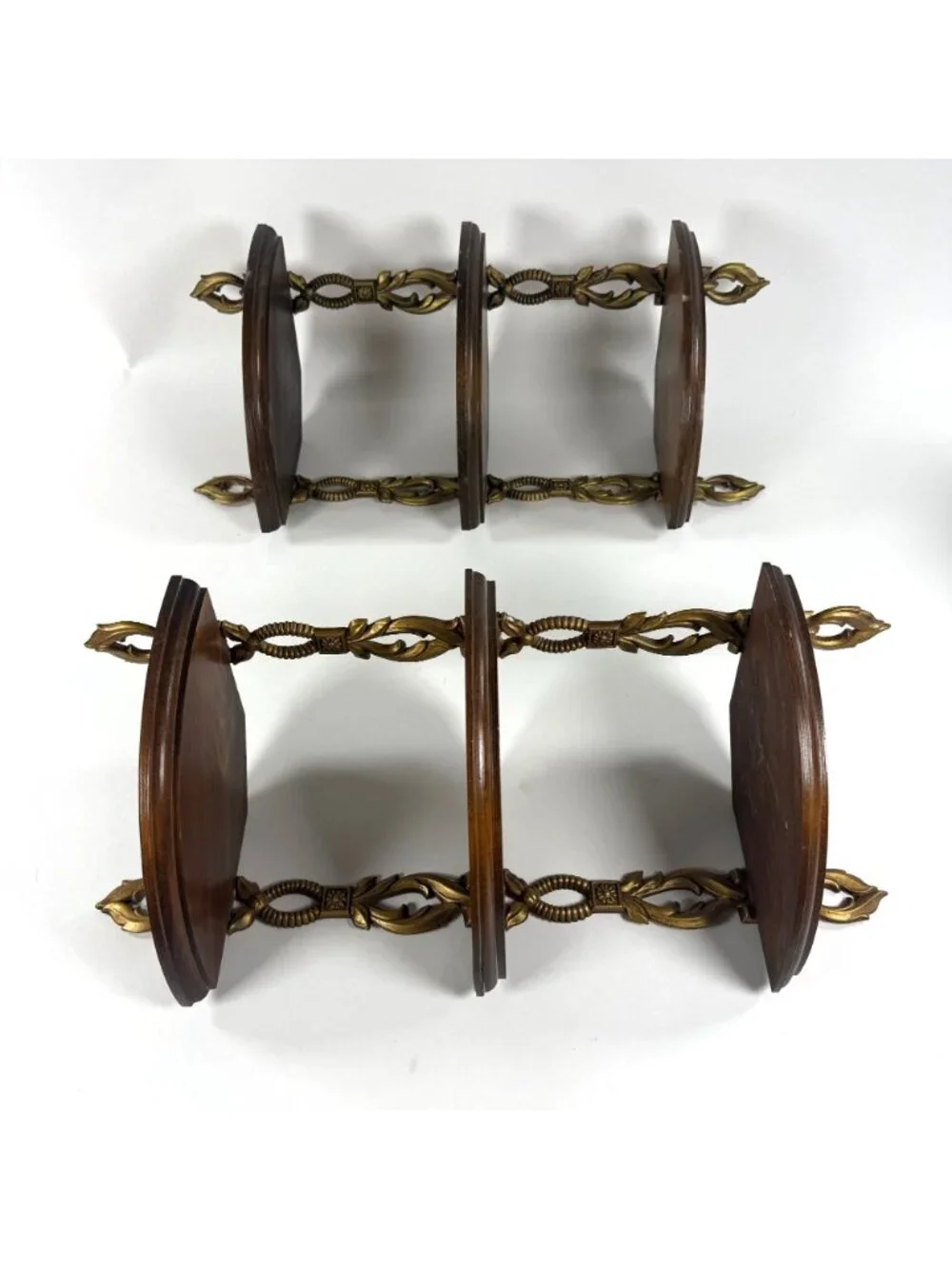 2 Vintage Sexton 3 Tier Corner Hanging Shelves Ornate Metal Wood Wall Display